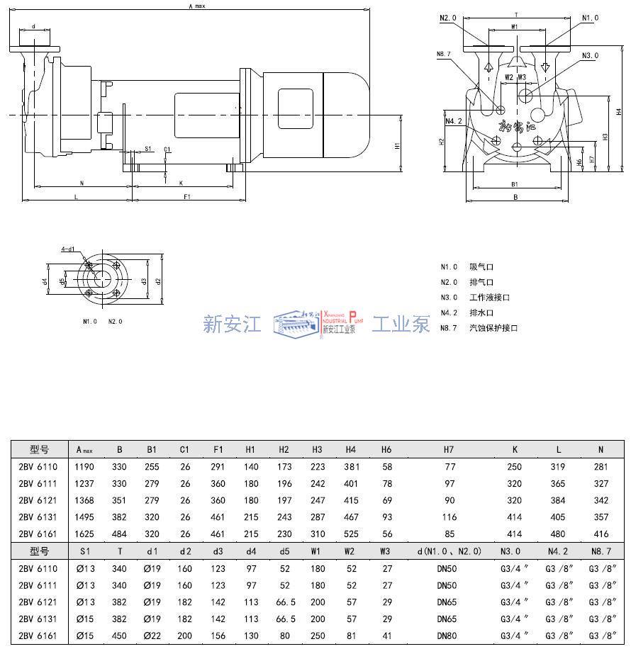 2BV6系列液環(huán)式真空泵的外形尺寸安裝圖